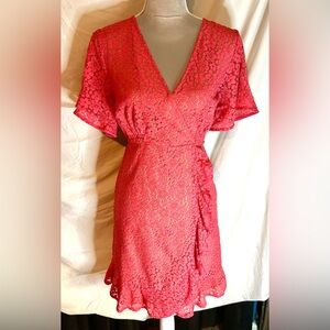 Michael Kors Geranium Red Floral Flutter Sleeve Ruffle Faux Wrap Dress, Size M